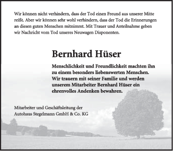 Anzeige  Bernhard Hüser  Lippische Landes-Zeitung