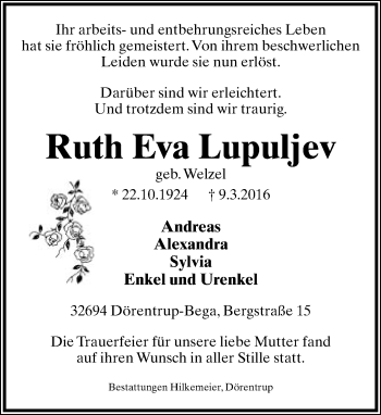 Anzeige  Ruth Eva Lupuljev  Lippische Landes-Zeitung