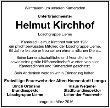 Anzeige  Helmut Kirchhof  Lippische Landes-Zeitung