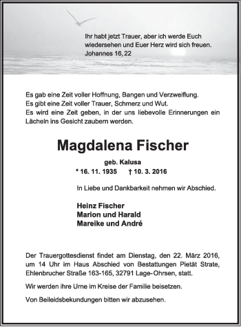 Anzeige  Magadalena Fischer  Lippische Landes-Zeitung