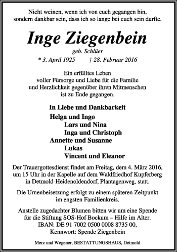 Anzeige  Inge Ziegenbein  Lippische Landes-Zeitung