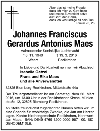 Anzeige  Johannes Franciscus Gerardus Antonius Maes  Lippische Landes-Zeitung