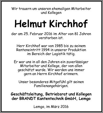 Anzeige  Helmut Kirchhof  Lippische Landes-Zeitung