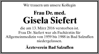 Anzeige  Gisela Siefert  Lippische Landes-Zeitung