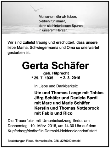 Anzeige  Gerta Schäfer  Lippische Landes-Zeitung