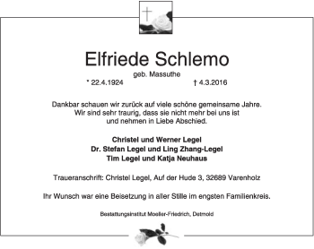Anzeige  Elfriede Schlemo  Lippische Landes-Zeitung