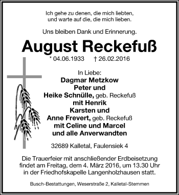 Anzeige  August Reckefuß  Lippische Landes-Zeitung