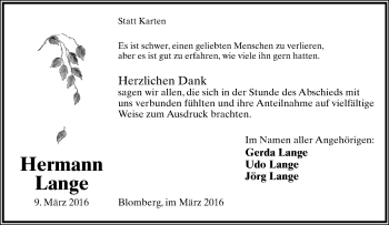 Anzeige  Hermann Lange  Lippische Landes-Zeitung