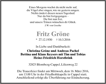Anzeige  Fritz Gröne  Lippische Landes-Zeitung