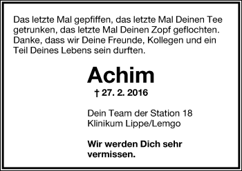 Anzeige  Joachim Detering  Lippische Landes-Zeitung