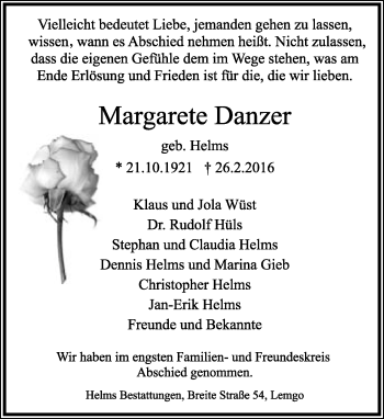 Anzeige  Margarete Danzer  Lippische Landes-Zeitung