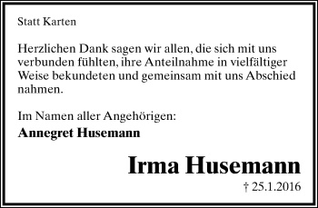 Anzeige  Irma Husemann  Lippische Landes-Zeitung