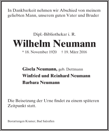 Anzeige  Wilhelm Neumann  Lippische Landes-Zeitung