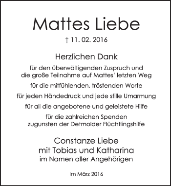 Anzeige  Mattes Liebe  Lippische Landes-Zeitung