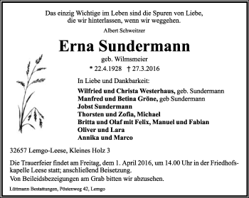Anzeige  Erna Sundermann  Lippische Landes-Zeitung