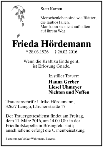 Anzeige  Frieda Hördemann  Lippische Landes-Zeitung