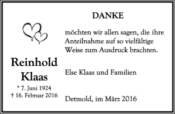 Anzeige  Reinhold Klaas  Lippische Landes-Zeitung