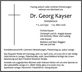 Anzeige  Georg Kayser  Lippische Landes-Zeitung