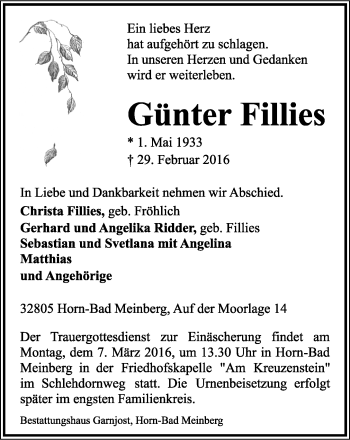 Anzeige  Günter Filies  Lippische Landes-Zeitung