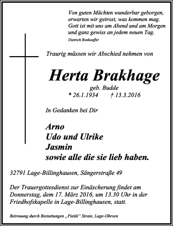 Anzeige  Herta Brakhage  Lippische Landes-Zeitung