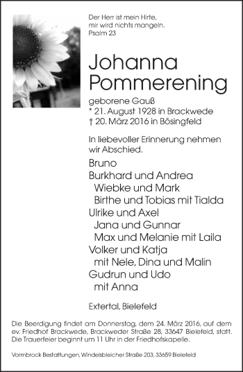 Anzeige  Johanna Pommerening  Lippische Landes-Zeitung