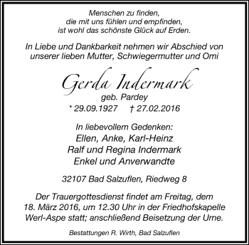 Anzeige  Gerda Indermark  Lippische Landes-Zeitung