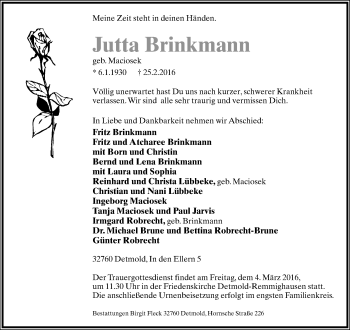 Anzeige  Jutta Brinkmann  Lippische Landes-Zeitung