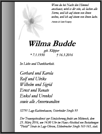 Anzeige  Wilma Budde  Lippische Landes-Zeitung