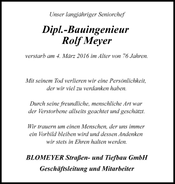 Anzeige  Rolf Meyer  Lippische Landes-Zeitung