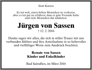 Anzeige  Jürgen von Sassen  Lippische Landes-Zeitung