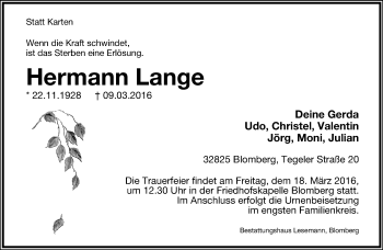 Anzeige  Hermann Lange  Lippische Landes-Zeitung