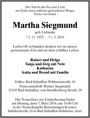 Anzeige  Martha Siegmund  Lippische Landes-Zeitung