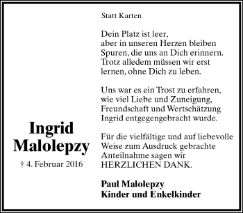 Anzeige  Ingrid Malolepzy  Lippische Landes-Zeitung