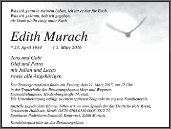 Anzeige  Edith Murach  Lippische Landes-Zeitung