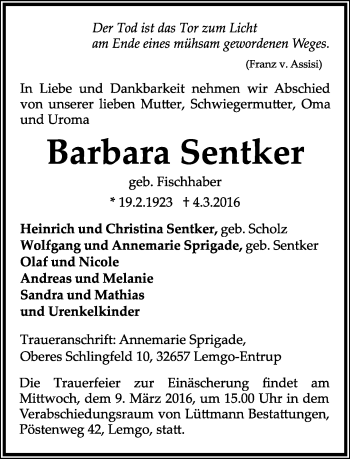 Anzeige  Barbara Sentker  Lippische Landes-Zeitung