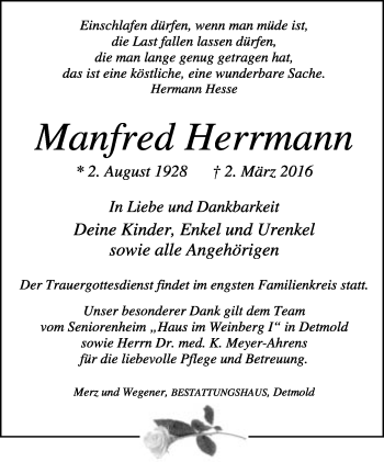 Anzeige  Manfred Herrmann  Lippische Landes-Zeitung