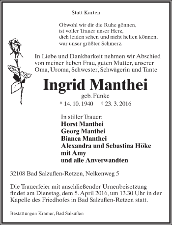 Anzeige  Ingrid Manthei  Lippische Landes-Zeitung