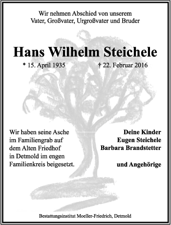 Anzeige  Hans Wilhelm Steichele  Lippische Landes-Zeitung