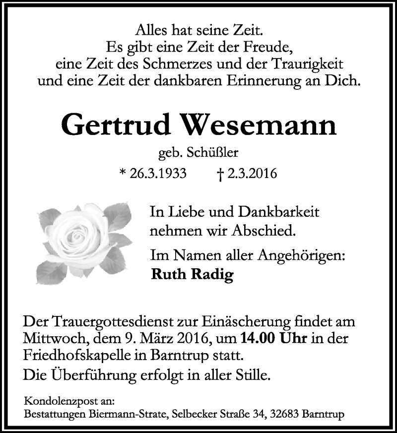  Traueranzeige für Gertrud Wesemann vom 05.03.2016 aus Lippische Landes-Zeitung