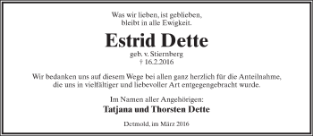 Anzeige  Estrid Dette  Lippische Landes-Zeitung