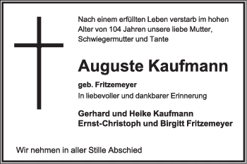 Anzeige  Auguste Kaufmann  Lippische Landes-Zeitung