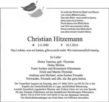 Anzeige  Christian Hitzemann  Lippische Landes-Zeitung