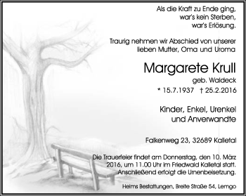 Anzeige  Margarete Krull  Lippische Landes-Zeitung