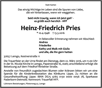 Anzeige  Heinz-Friedrich Pries  Lippische Landes-Zeitung
