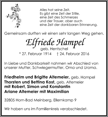 Anzeige  Elfriede Hampel  Lippische Landes-Zeitung