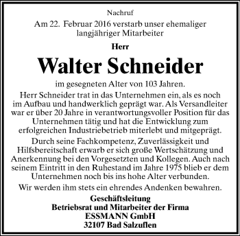 Anzeige  Walter Schneider  Lippische Landes-Zeitung