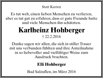 Anzeige  Karlheinz Hohberger  Lippische Landes-Zeitung