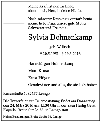 Anzeige  Sylvia Bohnenkamp  Lippische Landes-Zeitung