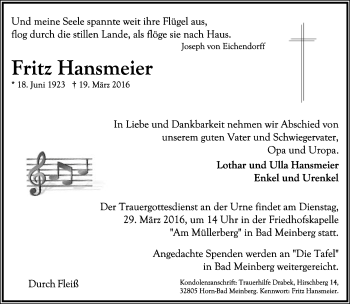 Anzeige  Fritz Hansmeier  Lippische Landes-Zeitung