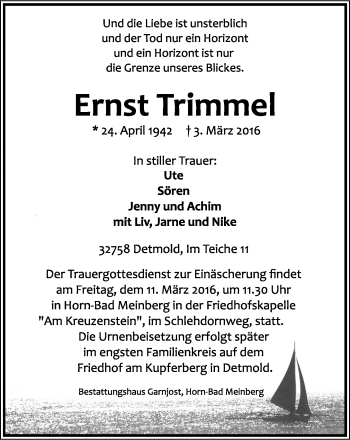 Anzeige  Ernst Trimmel  Lippische Landes-Zeitung